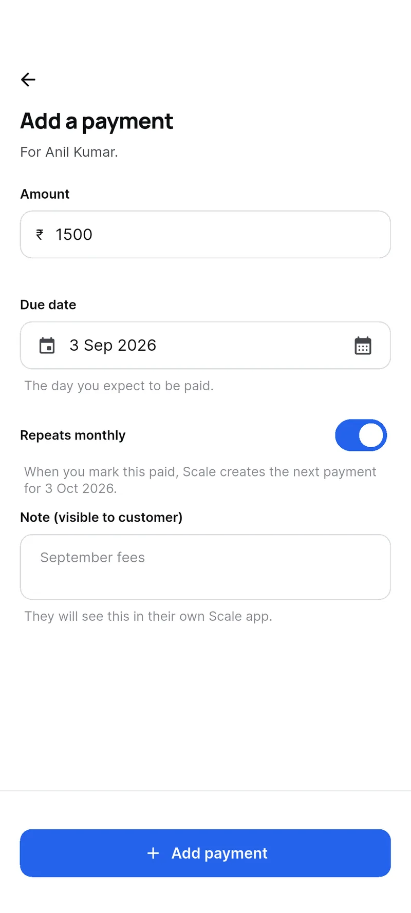 Scale Partner add-payment screen with an amount, a due date and a repeats-monthly switch.